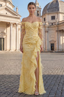 Load image into Gallery viewer, Floral Yellow Strapless Sheath Long Prom Dress with Ruffles