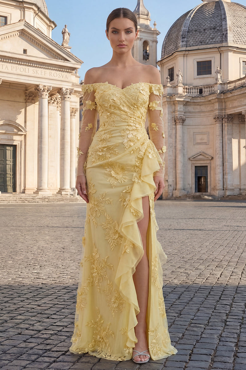 Load image into Gallery viewer, Floral Yellow Strapless Sheath Long Prom Dress with Ruffles