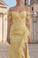 Load image into Gallery viewer, Floral Yellow Strapless Sheath Long Prom Dress with Ruffles