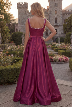 Simple Burgundy Square Neck A Line Long Formal Dress with Pearls