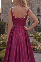 Load image into Gallery viewer, Simple Burgundy Square Neck A Line Long Formal Dress with Pearls