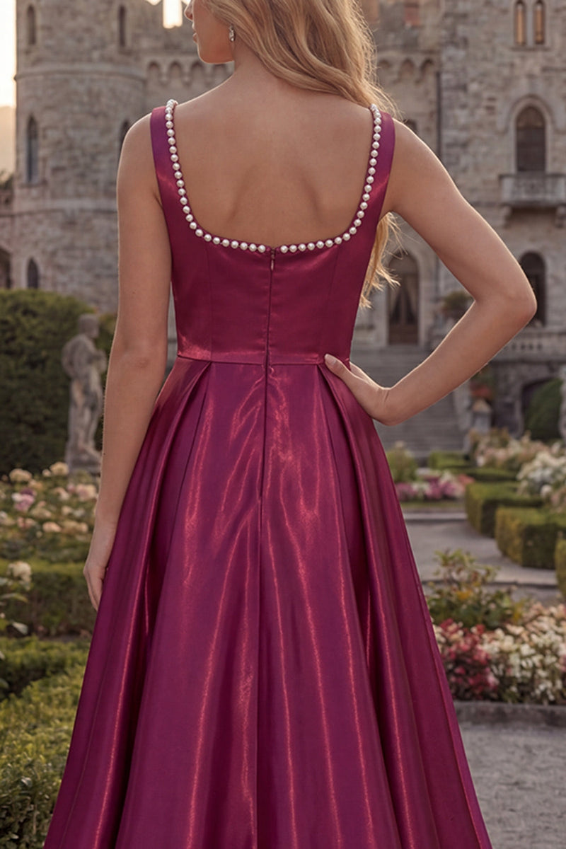 Load image into Gallery viewer, Simple Burgundy Square Neck A Line Long Formal Dress with Pearls