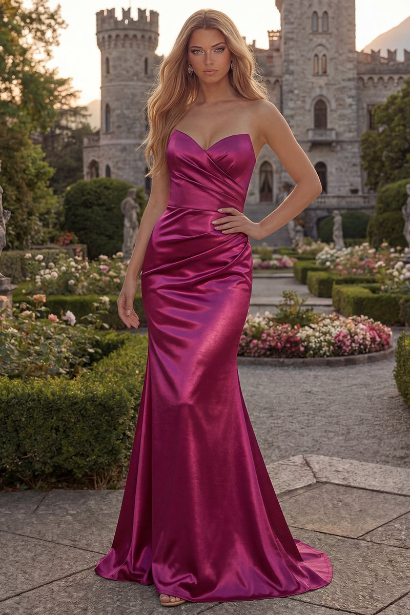 Load image into Gallery viewer, Simple Burgundy Mermaid Ruched Strapless Long Formal Dress