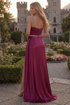 Burgundy Beaded One Shoulder Sheath Long Formal Dress with Slit