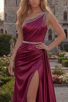 Load image into Gallery viewer, Burgundy Beaded One Shoulder Sheath Long Formal Dress with Slit