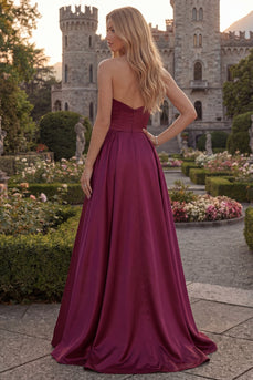 Simple Burgundy Strapless A Line Long Formal Dress