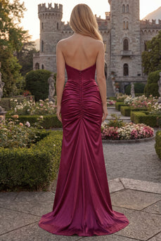 Burgundy Strapless Ruched Sheath Long Formal Dress with Slit