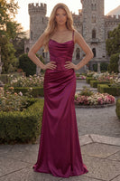 Load image into Gallery viewer, Burgundy Ruched Spaghetti Straps Sheath Long Formal Dress with Slit