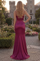 Load image into Gallery viewer, Burgundy Ruched Spaghetti Straps Sheath Long Formal Dress with Slit