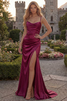 Load image into Gallery viewer, Burgundy Ruched Spaghetti Straps Sheath Long Formal Dress with Slit