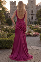 Load image into Gallery viewer, Burgundy V-Neck Sheath Ruched Long Formal Dress with Slit