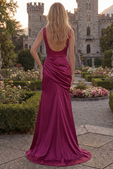 Burgundy V-Neck Sheath Ruched Long Formal Dress with Slit