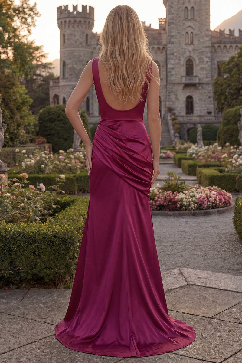 Load image into Gallery viewer, Burgundy V-Neck Sheath Ruched Long Formal Dress with Slit