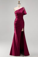 Load image into Gallery viewer, Burgundy Sheath One Shoulder Ruched Long Formal Dress with Slit