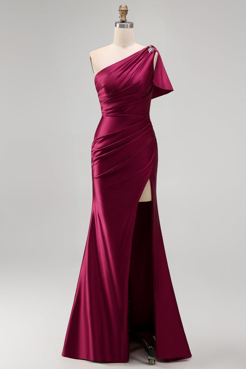 Load image into Gallery viewer, Burgundy Sheath One Shoulder Ruched Long Formal Dress with Slit