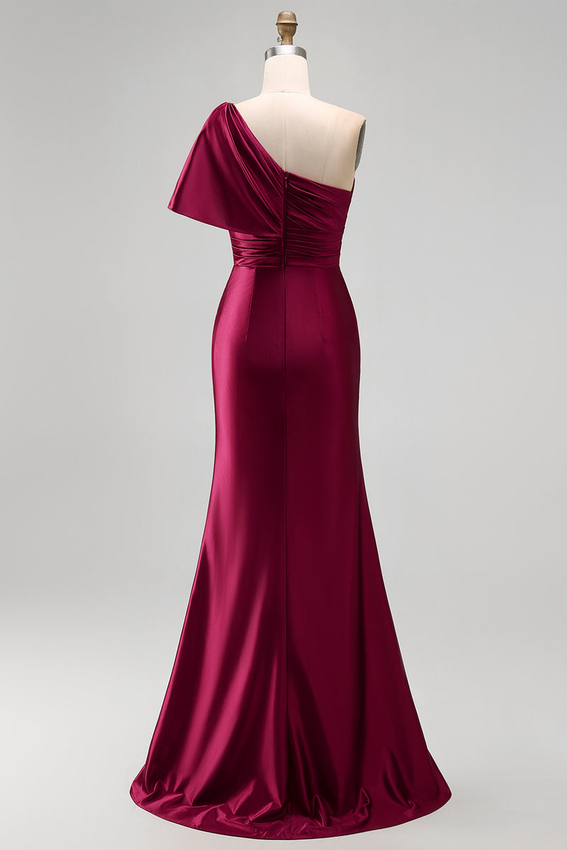Load image into Gallery viewer, Burgundy Sheath One Shoulder Ruched Long Formal Dress with Slit