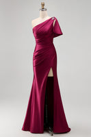 Load image into Gallery viewer, Burgundy Sheath One Shoulder Ruched Long Formal Dress with Slit