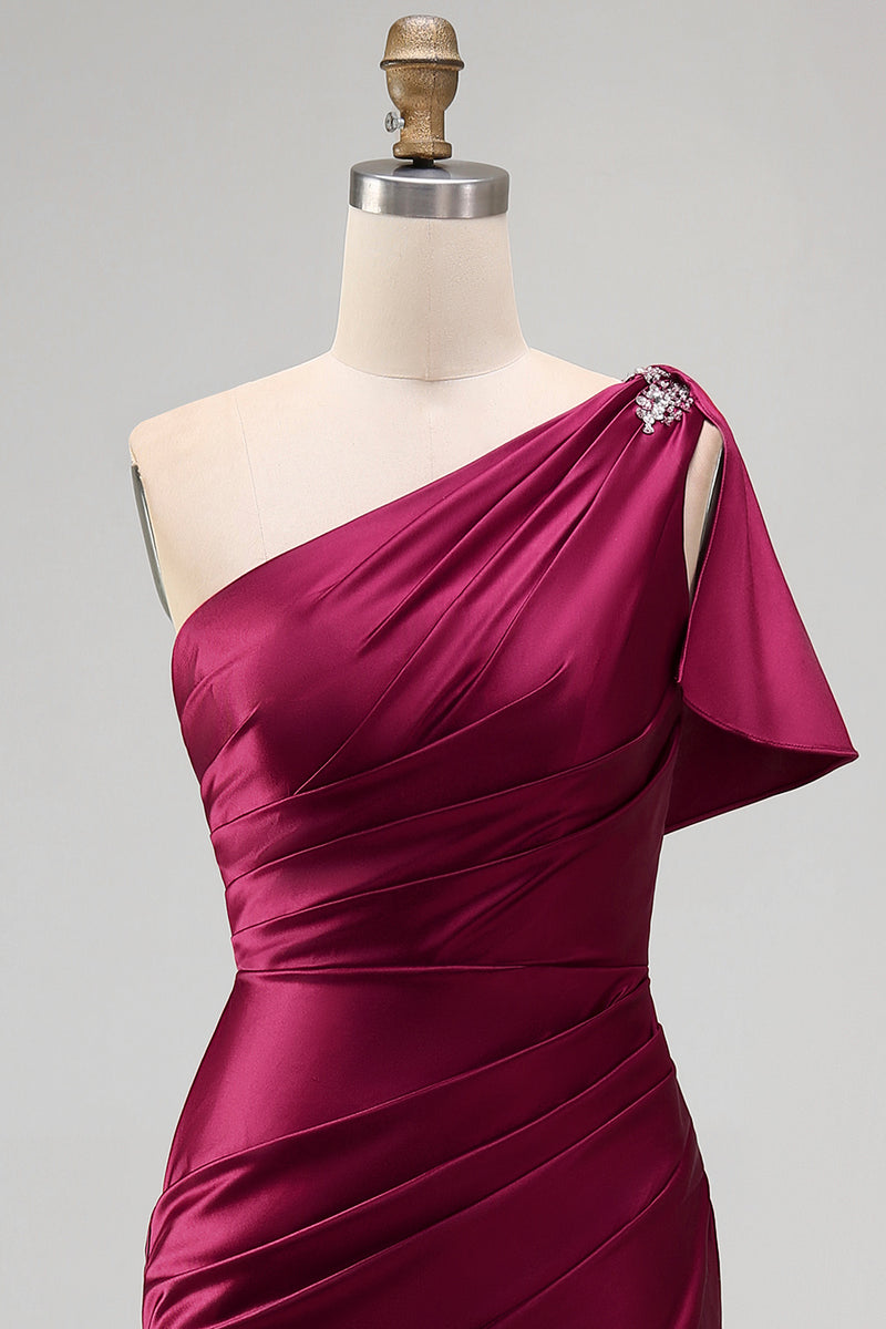 Load image into Gallery viewer, Burgundy Sheath One Shoulder Ruched Long Formal Dress with Slit