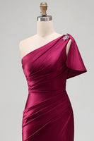 Load image into Gallery viewer, Burgundy Sheath One Shoulder Ruched Long Formal Dress with Slit
