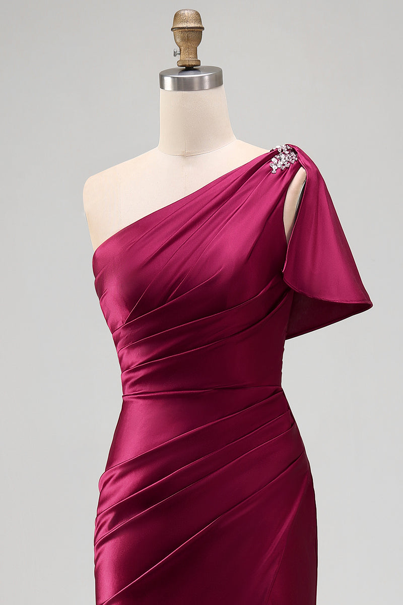 Load image into Gallery viewer, Burgundy Sheath One Shoulder Ruched Long Formal Dress with Slit