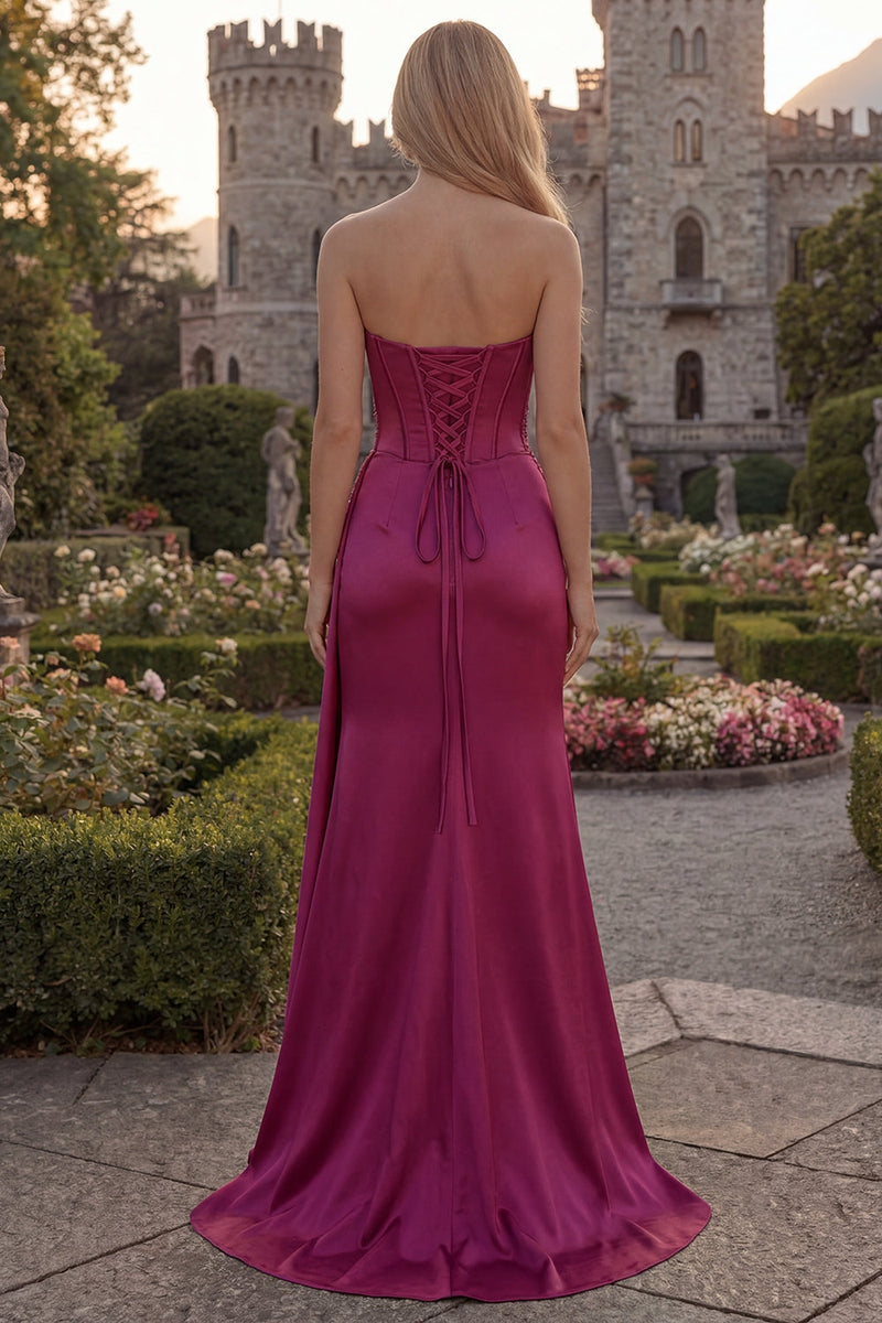 Load image into Gallery viewer, Burgundy Sheath Floral Long Corset Ruched Formal Dress with Slit