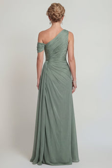 Dusty Sage A Line One Shoulder Long Evening Dress with Slit