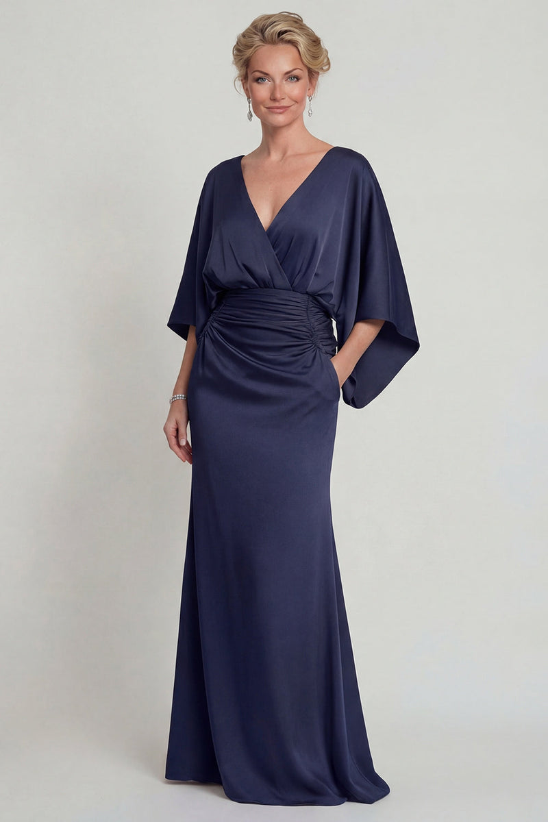 Load image into Gallery viewer, Navy Mermaid V Neck Long Evening Dress with Sleeves