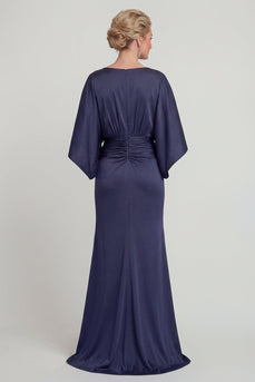 Navy Mermaid V Neck Long Evening Dress with Sleeves