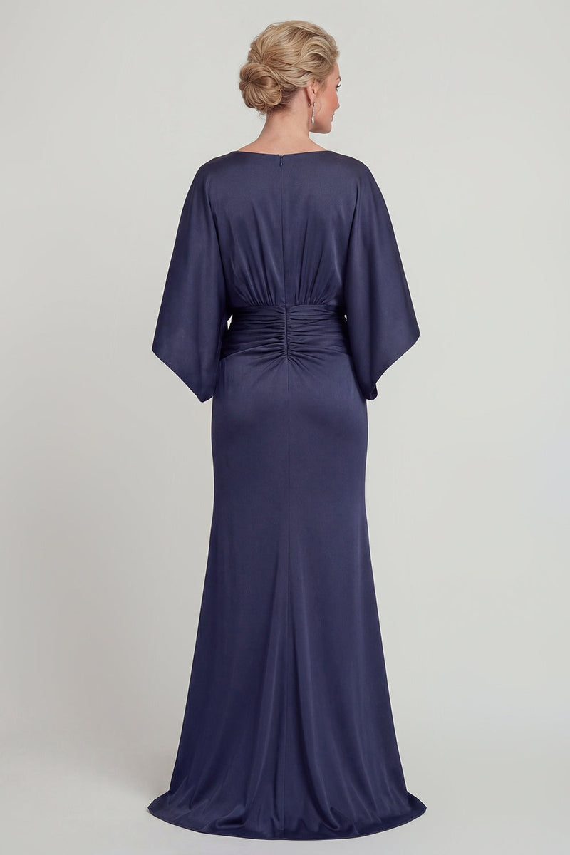 Load image into Gallery viewer, Navy Mermaid V Neck Long Evening Dress with Sleeves