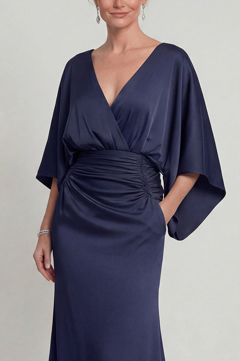 Load image into Gallery viewer, Navy Mermaid V Neck Long Evening Dress with Sleeves