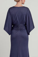 Load image into Gallery viewer, Navy Mermaid V Neck Long Evening Dress with Sleeves