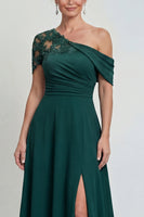 Load image into Gallery viewer, Dark Green A Line Appliqued Long Evening Dress with Slit