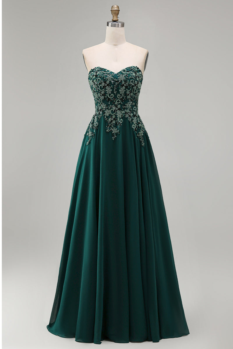 Load image into Gallery viewer, Sparkly Dark Green Strapless Beaded Long Evening Dress