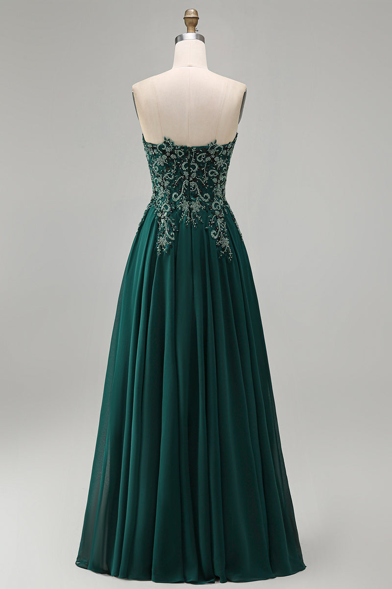 Load image into Gallery viewer, Sparkly Dark Green Strapless Beaded Long Evening Dress