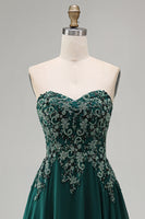Load image into Gallery viewer, Sparkly Dark Green Strapless Beaded Long Evening Dress