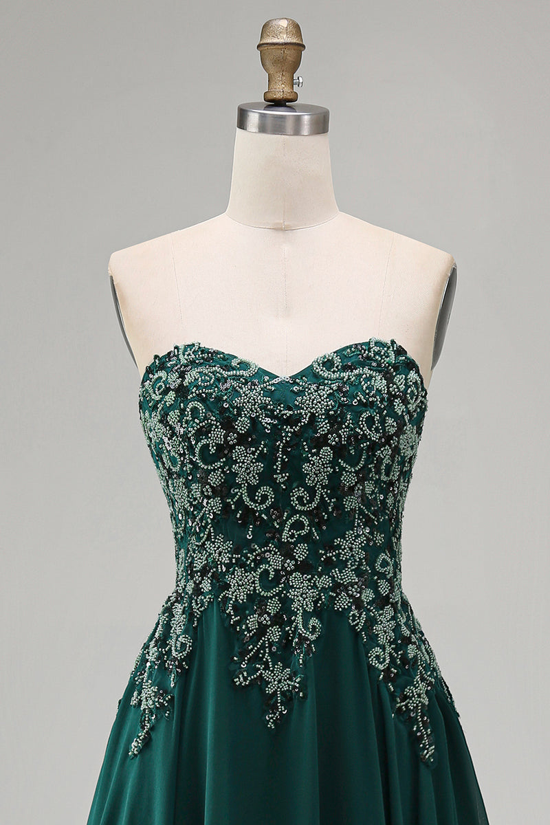 Load image into Gallery viewer, Sparkly Dark Green Strapless Beaded Long Evening Dress