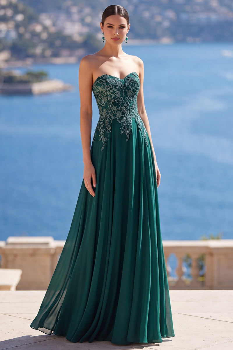 Load image into Gallery viewer, Sparkly Dark Green Strapless Beaded Long Evening Dress