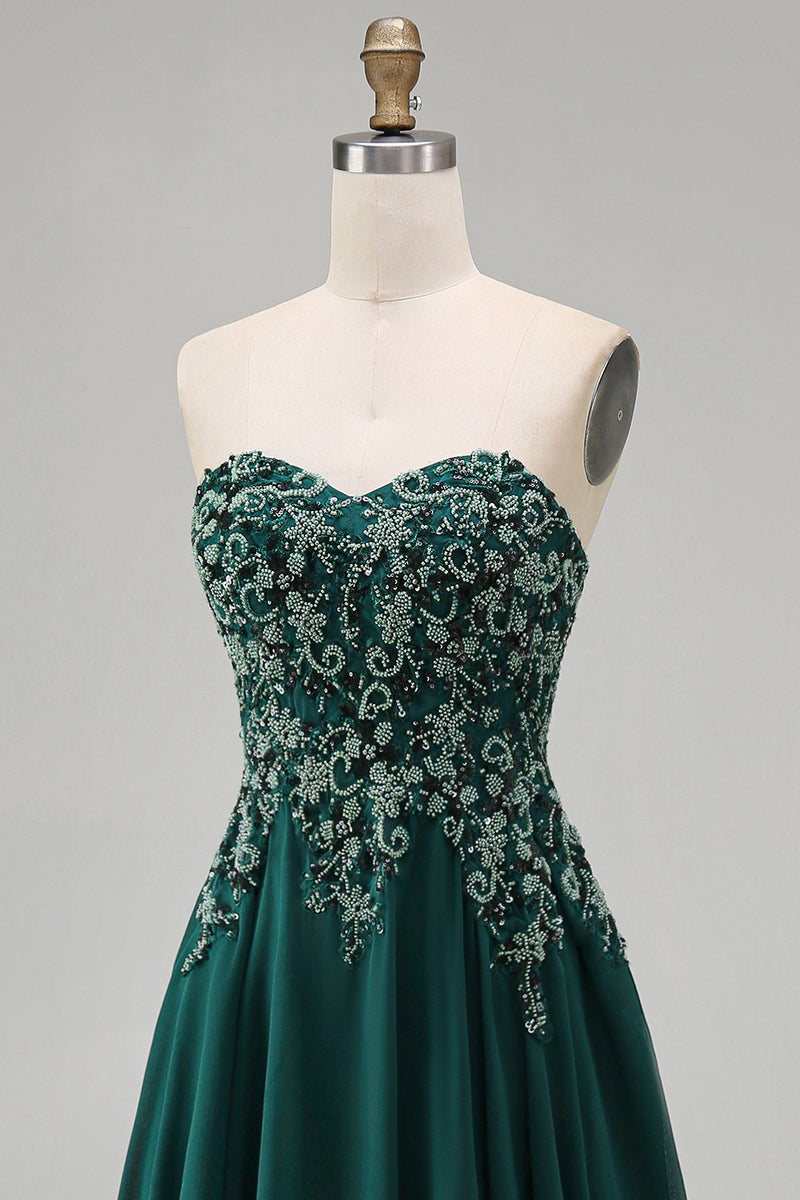 Load image into Gallery viewer, Sparkly Dark Green Strapless Beaded Long Evening Dress