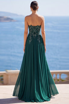 Sparkly Dark Green Strapless Beaded Long Evening Dress