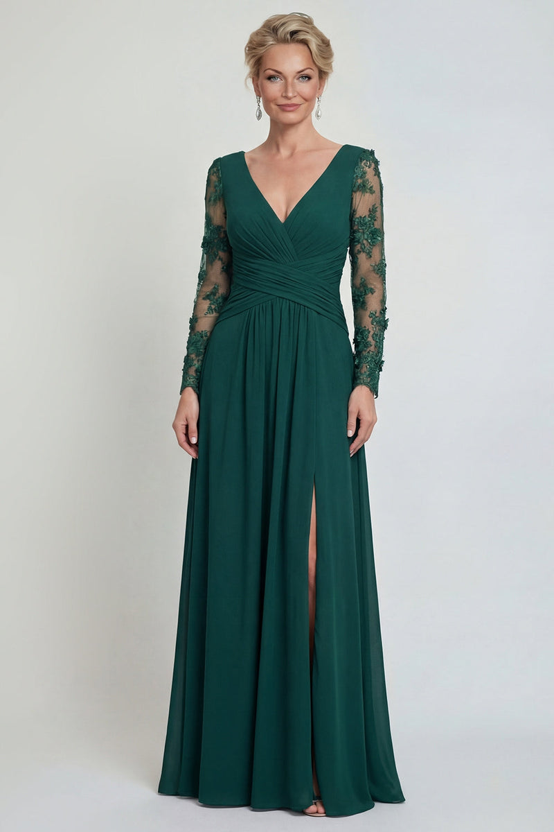 Load image into Gallery viewer, Dark Green V Neck A Line Long Evening Dress with Sleeves