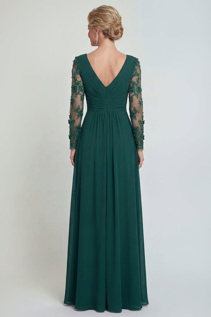 Load image into Gallery viewer, Dark Green V Neck A Line Long Evening Dress with Sleeves