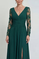 Load image into Gallery viewer, Dark Green V Neck A Line Long Evening Dress with Sleeves