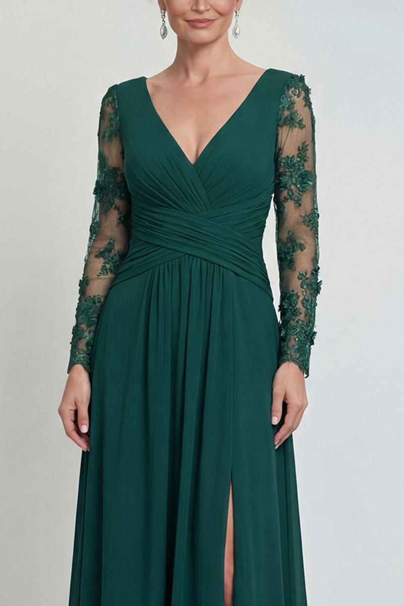 Load image into Gallery viewer, Dark Green V Neck A Line Long Evening Dress with Sleeves