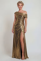 Load image into Gallery viewer, Golden One Shoulder Metallic Mermaid Long Evening Dress