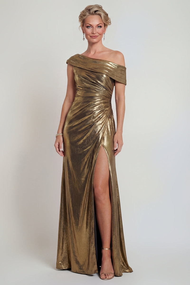 Load image into Gallery viewer, Golden One Shoulder Metallic Mermaid Long Evening Dress