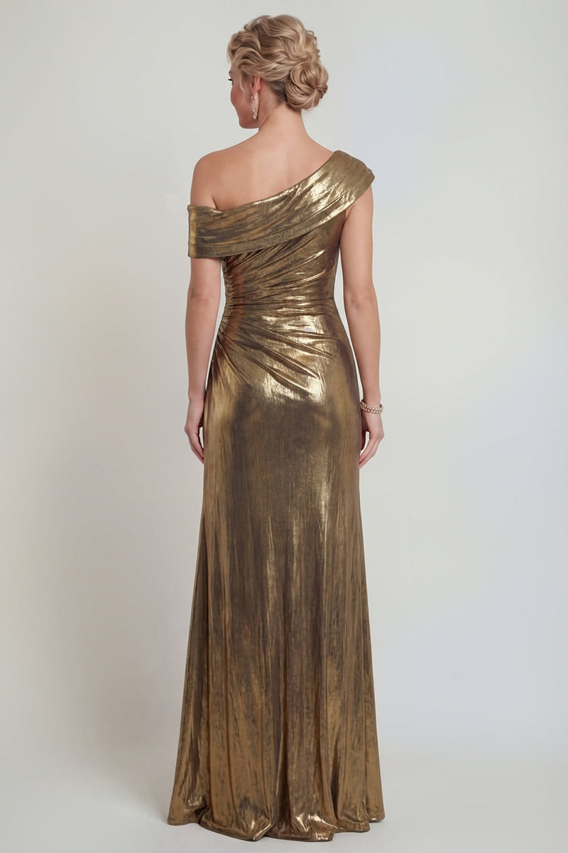 Load image into Gallery viewer, Golden One Shoulder Metallic Mermaid Long Evening Dress