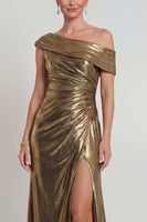 Load image into Gallery viewer, Golden One Shoulder Metallic Mermaid Long Evening Dress