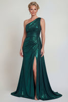 Load image into Gallery viewer, Dark Green One Shoulder Metallic Sheath Long Evening Dress with Slit