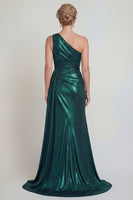 Load image into Gallery viewer, Dark Green One Shoulder Metallic Sheath Long Evening Dress with Slit