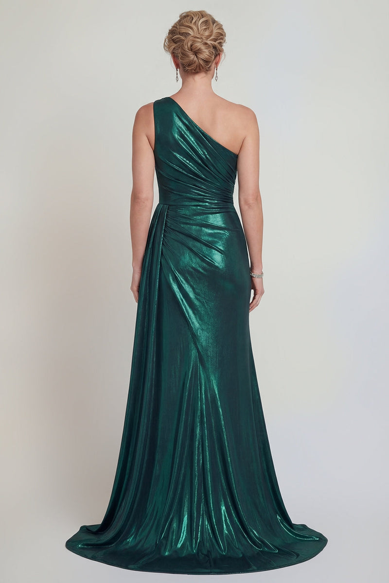 Load image into Gallery viewer, Dark Green One Shoulder Metallic Sheath Long Evening Dress with Slit